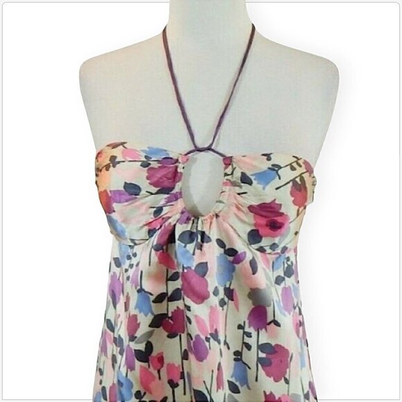 Cynthia Steffe Floral Print 100% Silk Empire Halter or Strapless Lined Dress M - Picture 2 of 4
